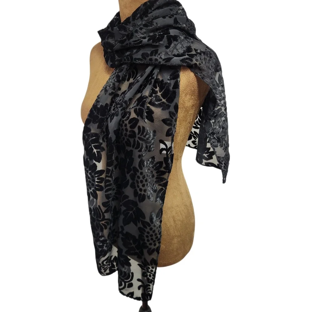 Casual Corner Black Burnout Velvet Floral Scarf Sheer Mesh Devore Sunflowers
